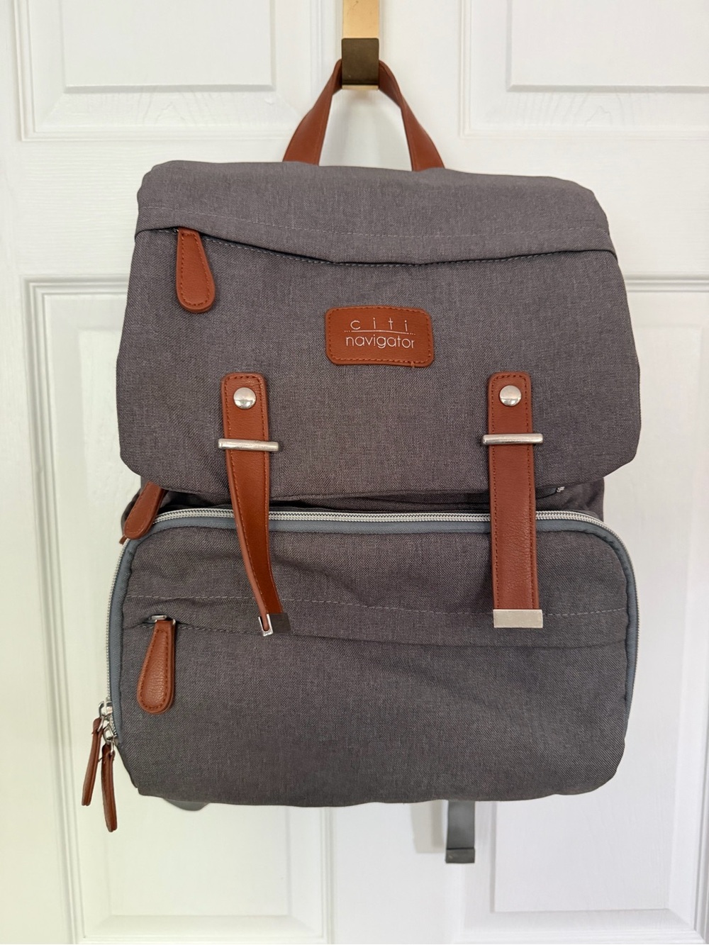 EUC Citi Collective Navigator Backpack Diaper Bag - Gray with Brown Leather
